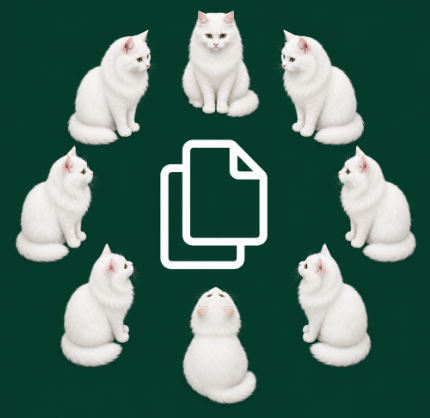 White cats gathered in a ring around a giant copy-pages icon
